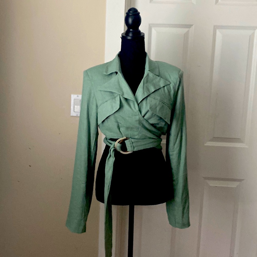 Light green linen cropped wrap jacket